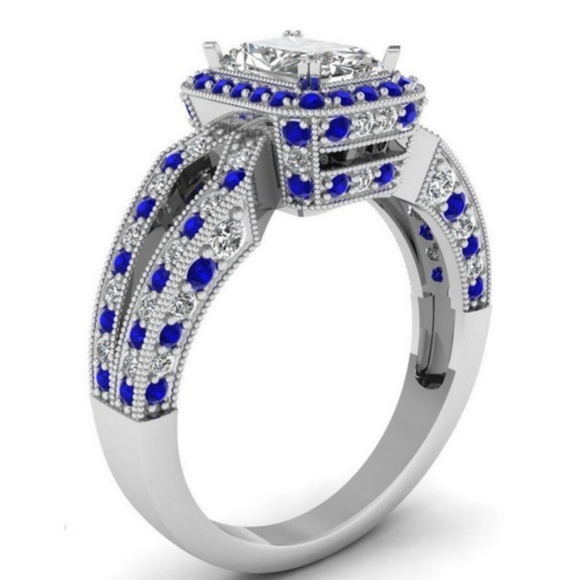 925 Silver Emerald Cut White Sapphire Wedding Ring - Picture 3 of 4